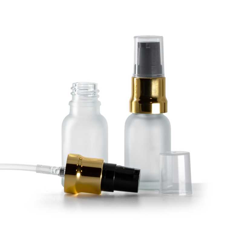 Clear Frosted Glass Bottle, Glossy Gold Black Pump With Clear Overcap, 15 ml