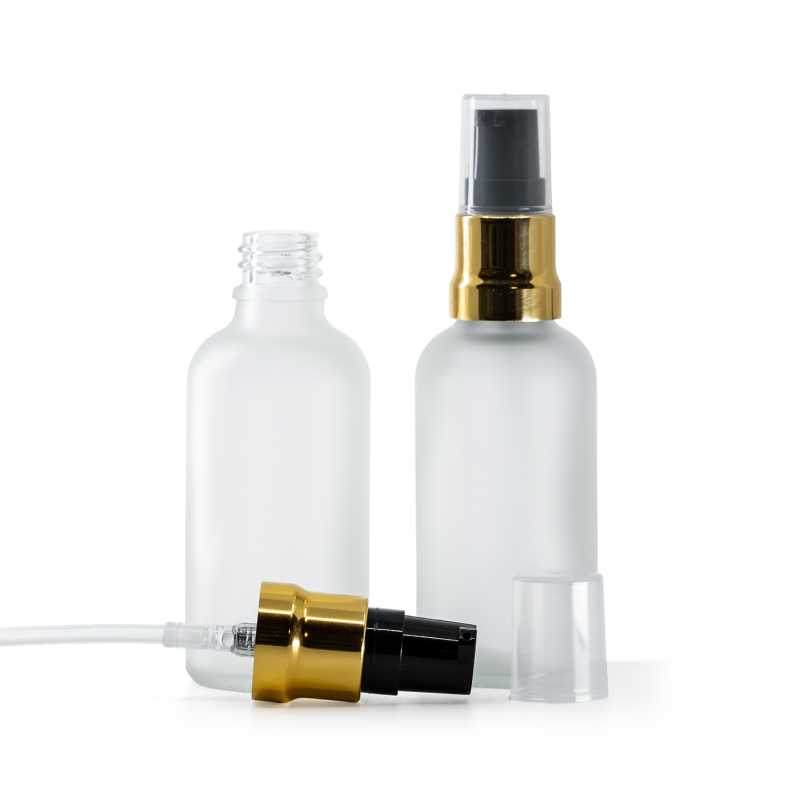Clear Frosted Glass Bottle, Glossy Gold Black Pump With Clear Overcap, 50 ml