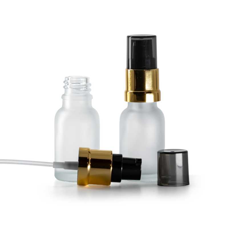 Clear Frosted Glass Bottle, Glossy Golden Black Pump with Smoky Overcap, 15 ml
