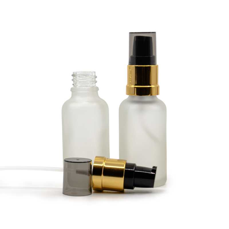 Clear Frosted Glass Bottle, Glossy Golden Black Pump with Smoky Overcap, 30 ml