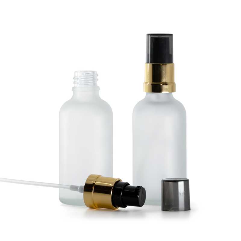 Clear Frosted Glass Bottle, Glossy Golden Black Pump with Smoky Overcap, 50 ml