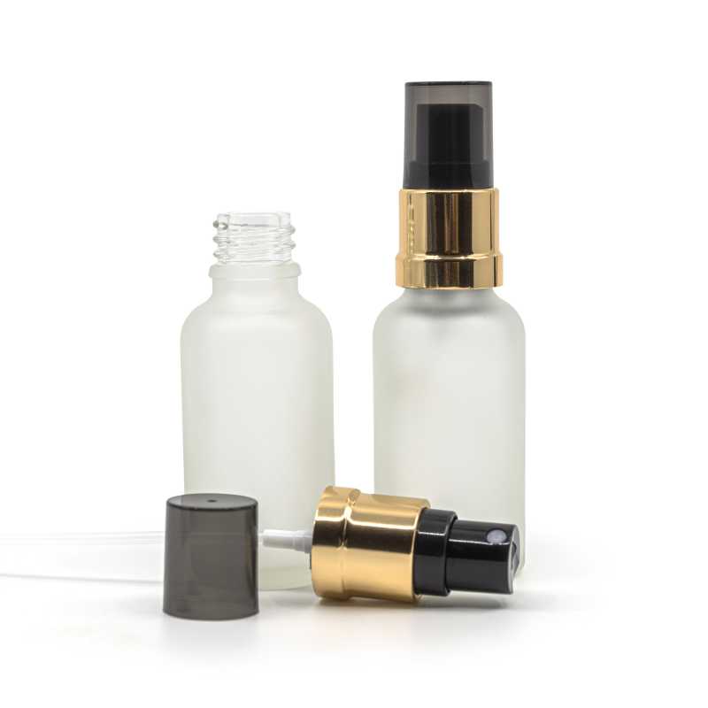 Clear Frosted Glass Bottle, Glossy Gold Black Spray, Smoky Overcap, 30 ml