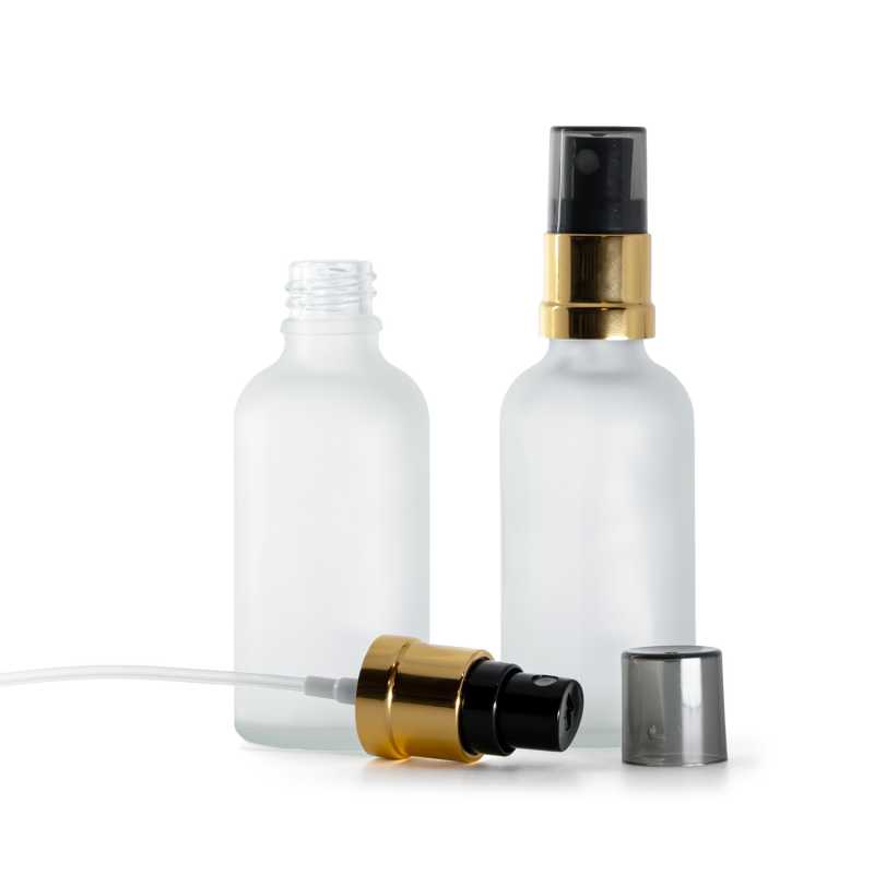 Clear Frosted Glass Bottle, Glossy Gold Black Spray, Smoky Overcap, 50 ml