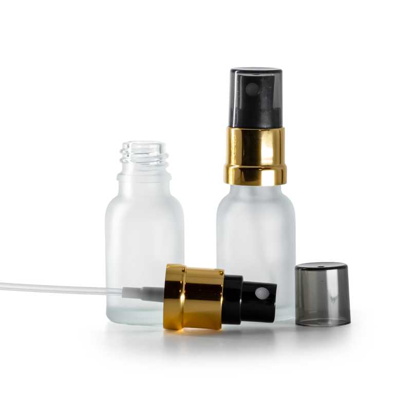 Clear Frosted Glass Bottle, Glossy Gold Black Spray, Smokey Overcap, 15 ml
