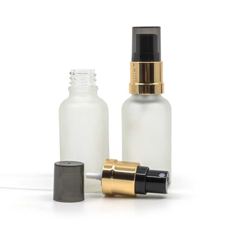 Clear Frosted Glass Bottle, Glossy Gold Black Spray, Smokey Overcap, 30 ml