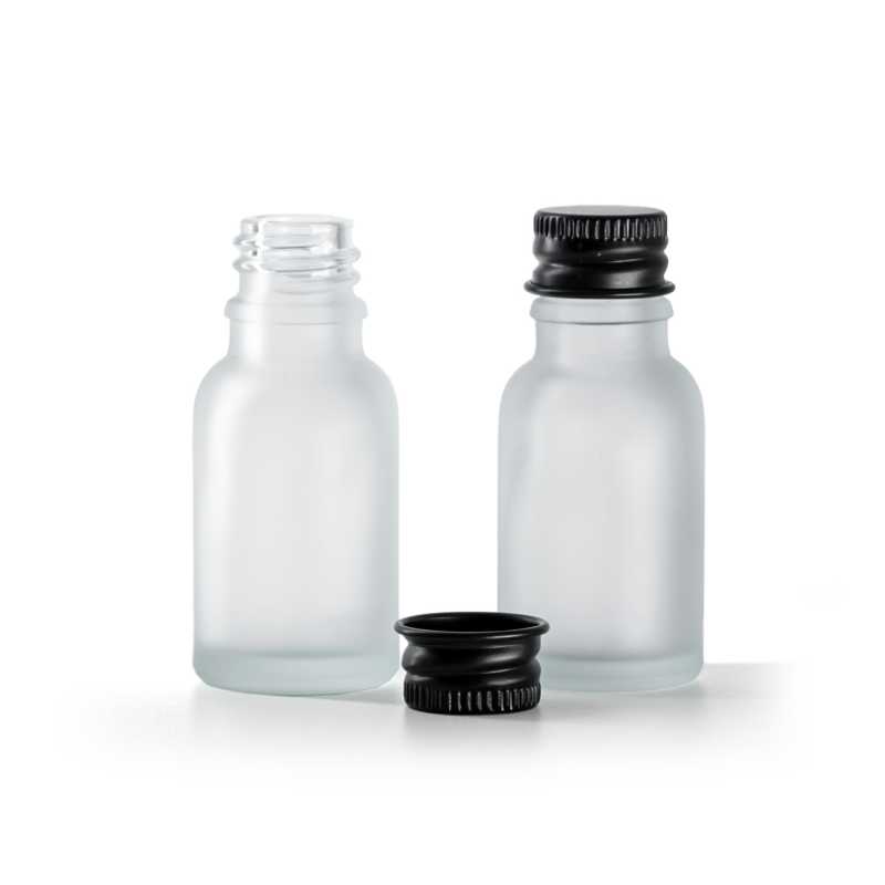 Clear Frosted Glass Bottle, Black Aluminium Cap, 15 ml