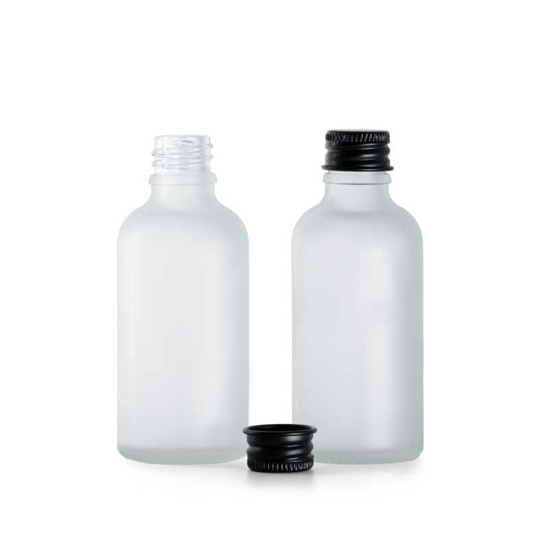 Clear Frosted Glass Bottle, Black Aluminium Cap, 50 ml