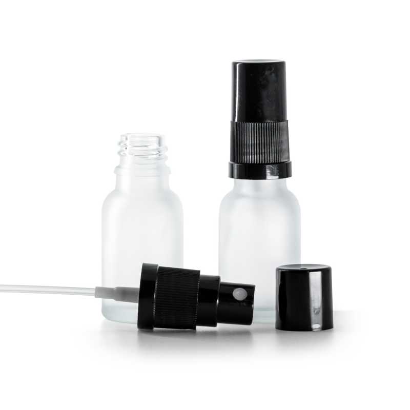 Clear Frosted Glass Bottle, Black Fine Mist Sprayer, Black Overcap, 15 ml