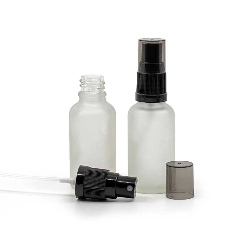 Clear Frosted Glass Bottle, Black Fine Mist Sprayer, Smoky Overcap, 30 ml