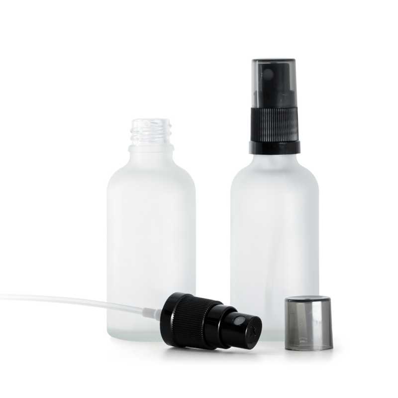 Clear Frosted Glass Bottle, Black Fine Mist Sprayer, Smoky Overcap, 50 ml