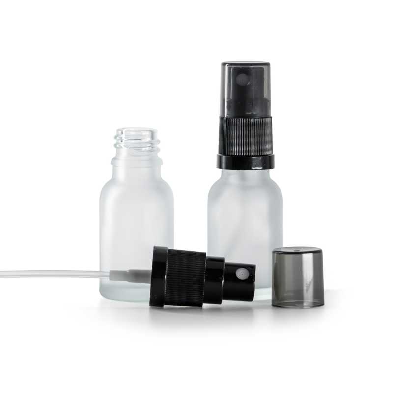 Clear Frosted Glass Bottle, Black Fine Mist Sprayer, Smoky Overcap, 15 ml