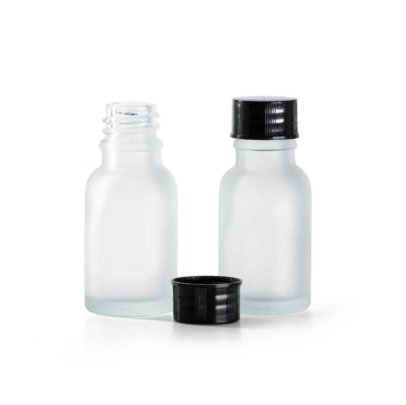 Clear Frosted Glass Bottle, Black Cap, 15 ml