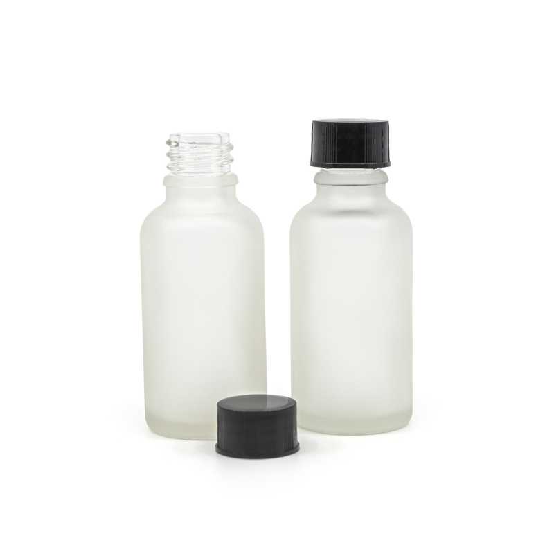 The glass bottle is made of thick transparent glass, which is ground on the outside. It is used for storing liquids.Volume: 30 ml, total volume 35 mlBottle heig