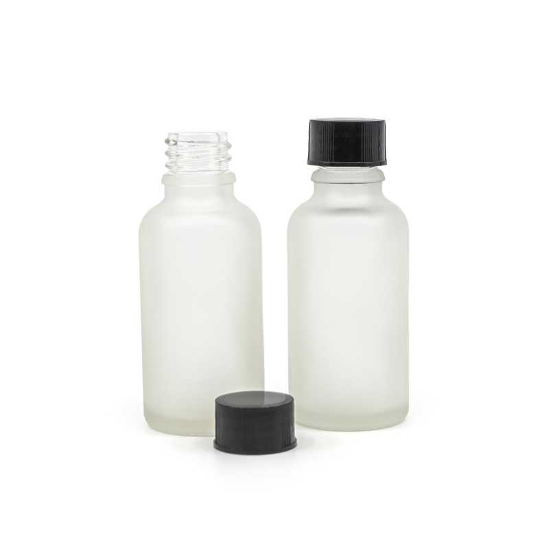 Clear Frosted Glass Bottle, Black Cap, 30 ml