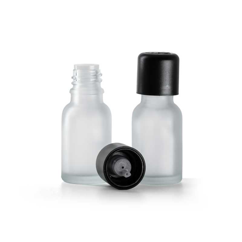 Clear Frosted Glass Bottle, Black Tamper Evident Safety Cap & Dropper 15 ml