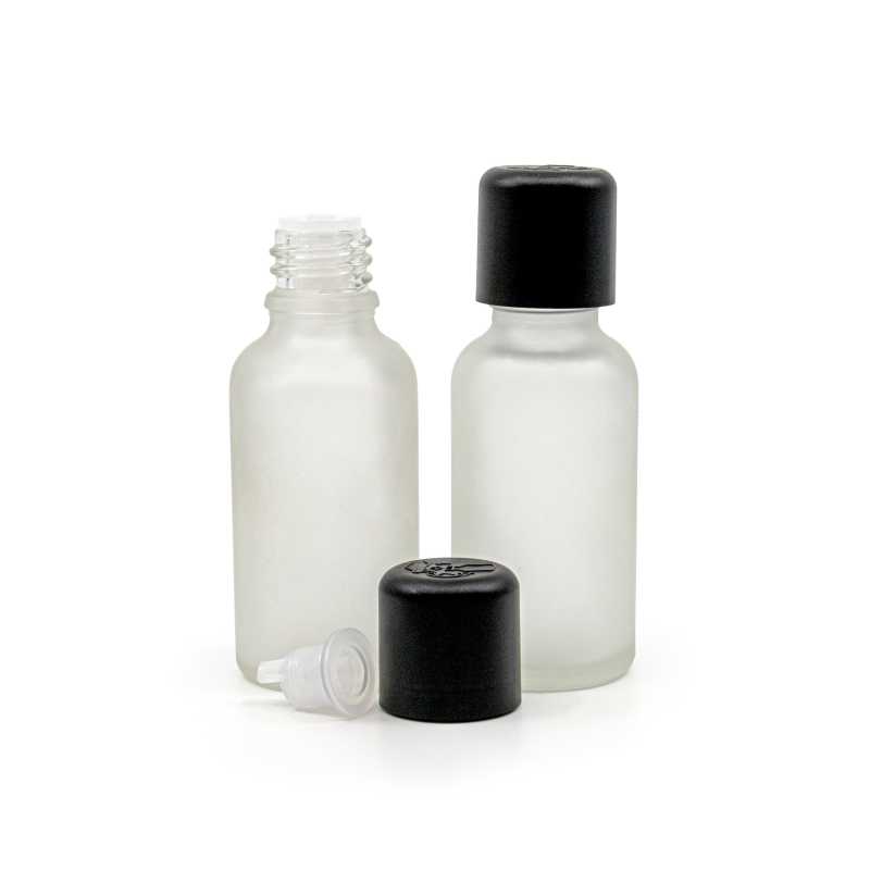 Clear Frosted Glass Bottle, Black Tamper Evident Safety Cap & Dropper 30 ml
