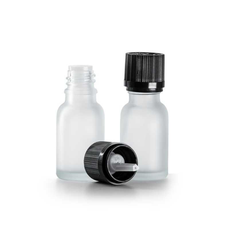 Clear Frosted Glass Bottle, Black Safety Cap & Dropper 15 ml