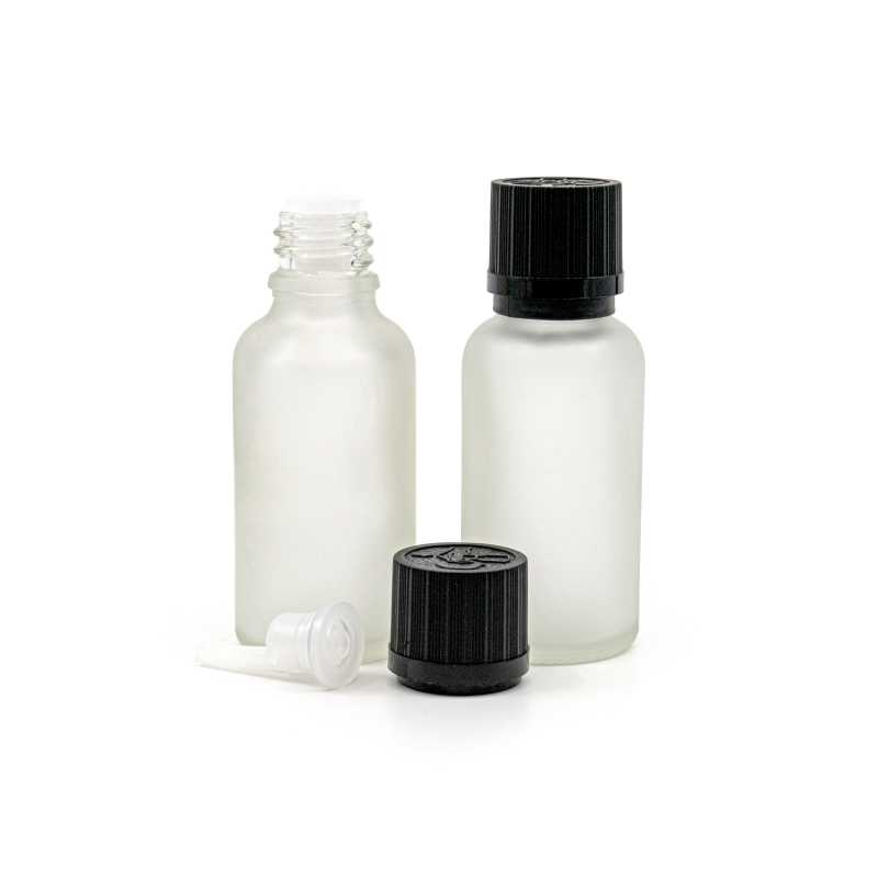 Clear Frosted Glass Bottle, Black Safety Cap & Dropper 30 ml