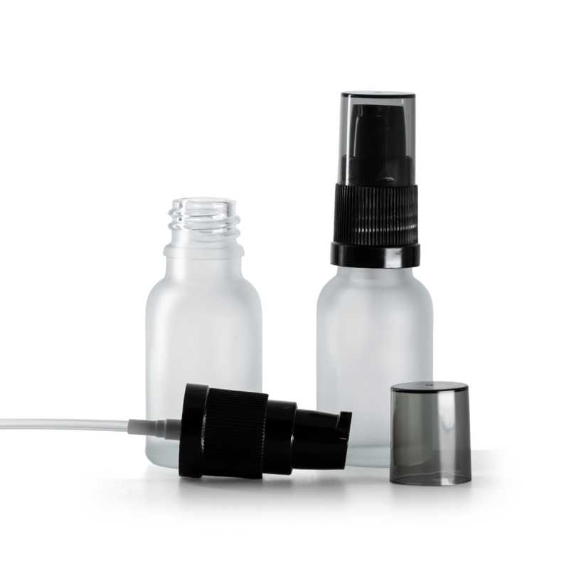 Clear Frosted Glass Bottle, Black Lotion Pump with Smoky Overcap, 15 ml