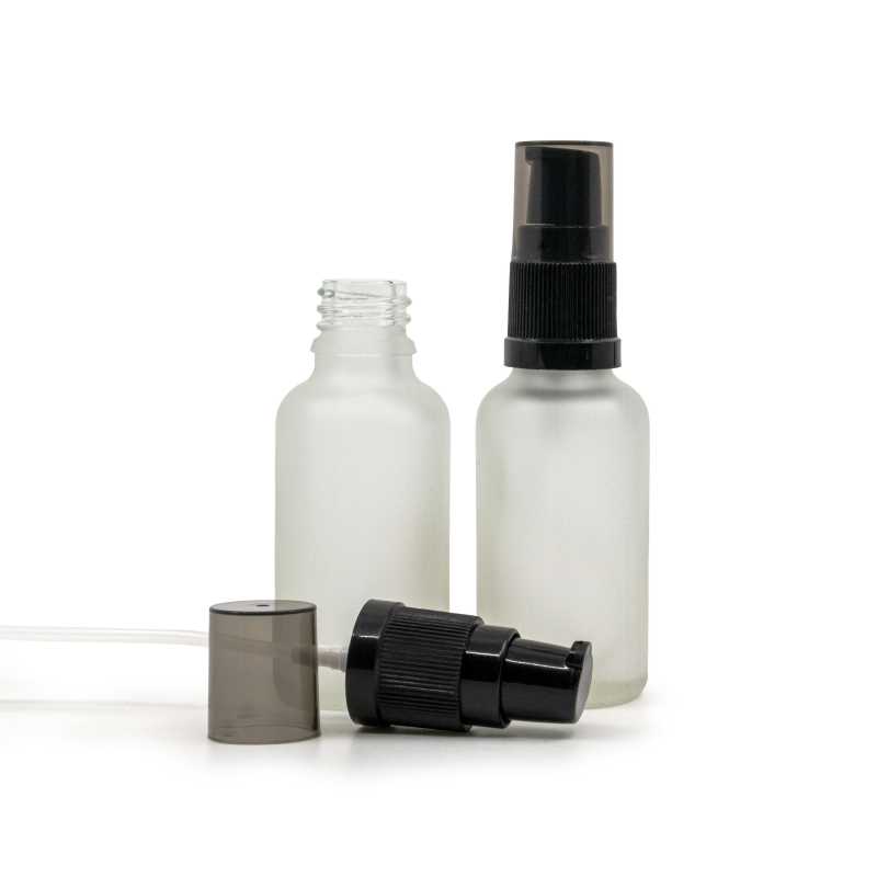 Clear Frosted Glass Bottle, Black Lotion Pump with Smoky Overcap, 30 ml