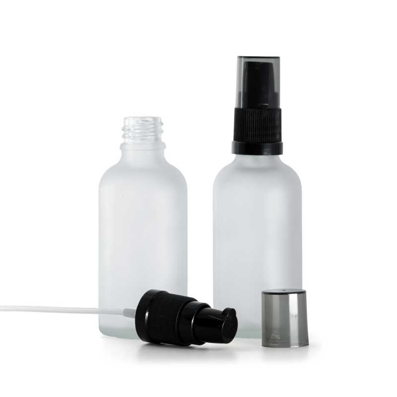 Clear Frosted Glass Bottle, Black Lotion Pump with Smokey Overcap, 50 ml