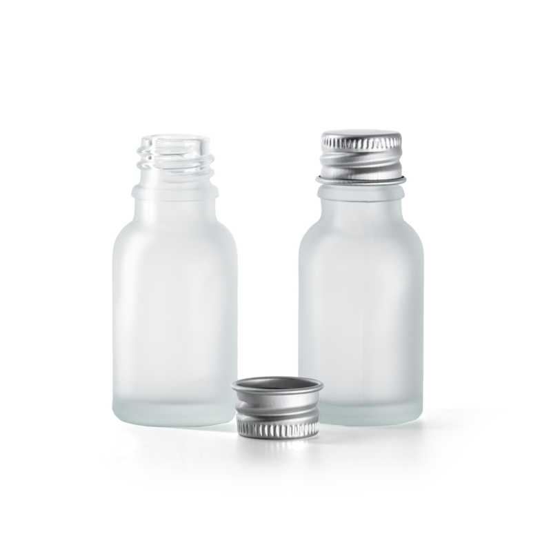 Clear Frosted Glass Bottle, Silver Aluminium Cap, 15 ml