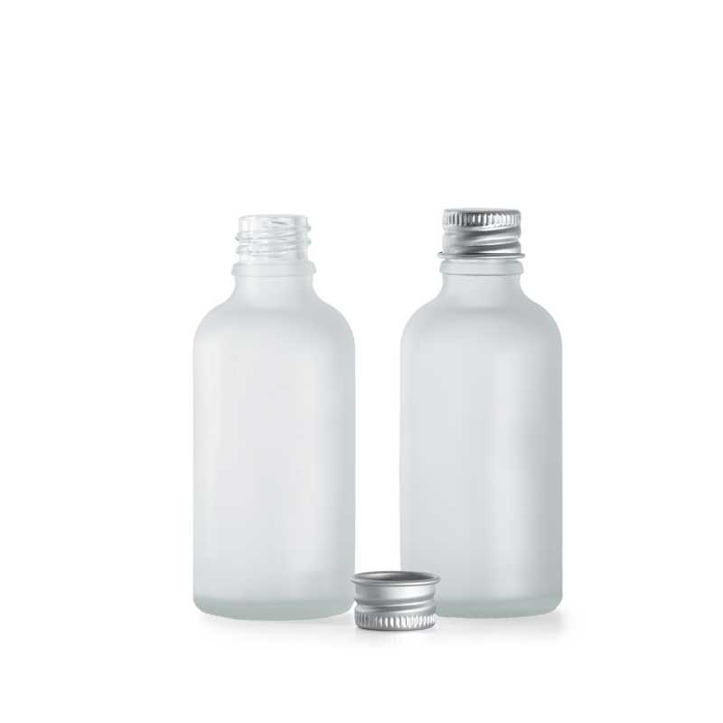 Clear Frosted Glass Bottle, Silver Aluminium Cap, 50 ml