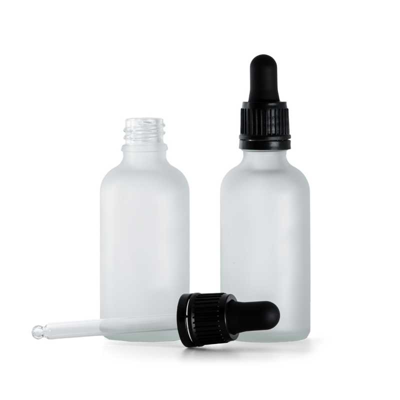 Clear Frosted Glass Bottle, Black Tamper Evident Dropper, 50 ml