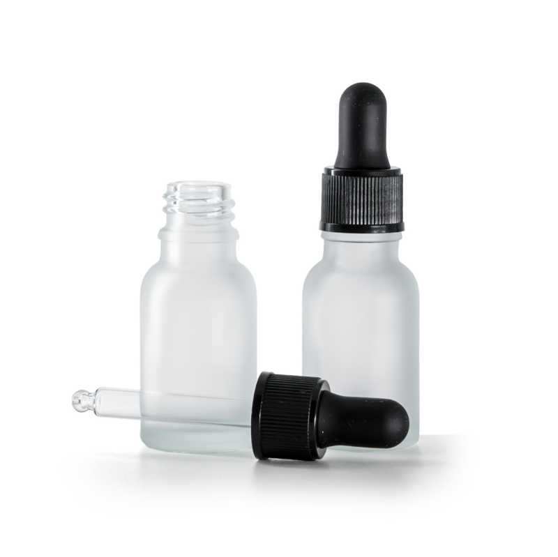 Clear Frosted Glass Bottle, Matte Black Dropper, 15 ml