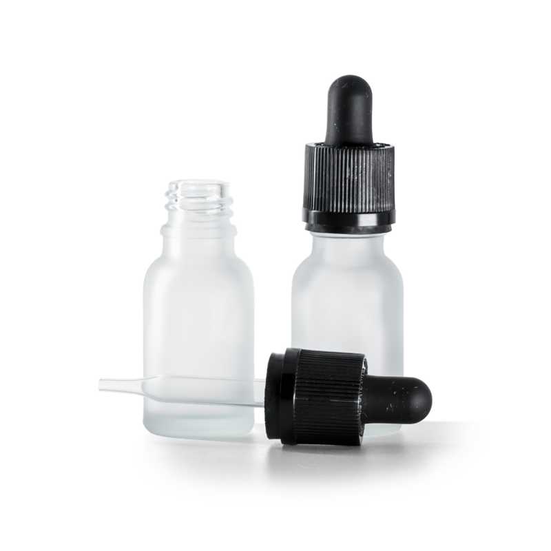 Clear Frosted Glass Bottle, Black Tamper Evident Safety Dropper, 15 ml