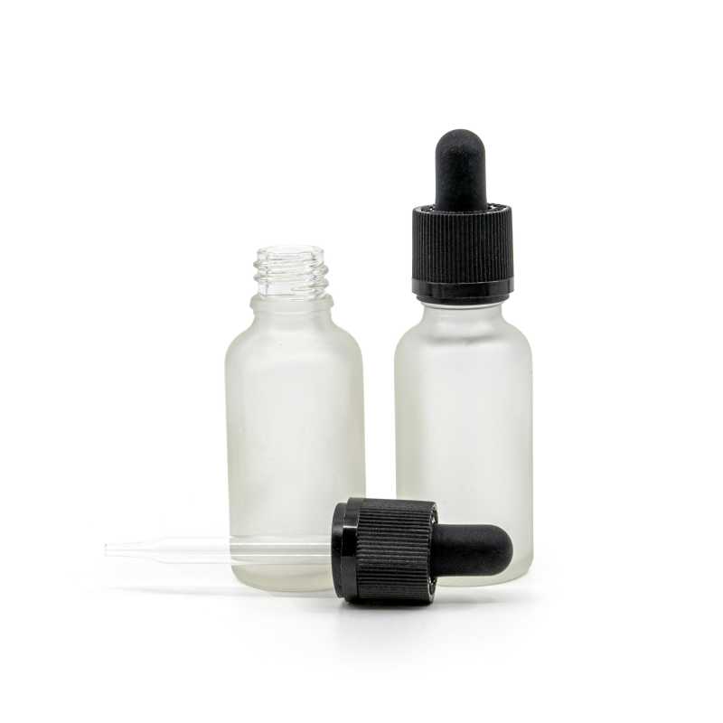 Clear Frosted Glass Bottle, Black Tamper Evident Safety Dropper, 30 ml