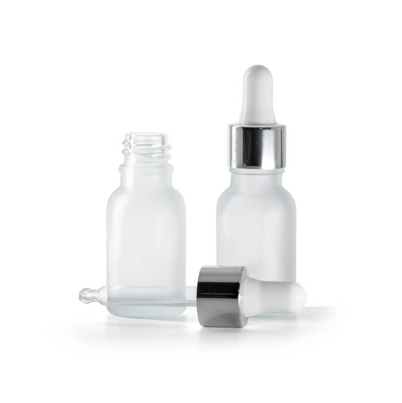 Clear Frosted Glass Bottle, Glossy Silver White Dropper, 15 ml
