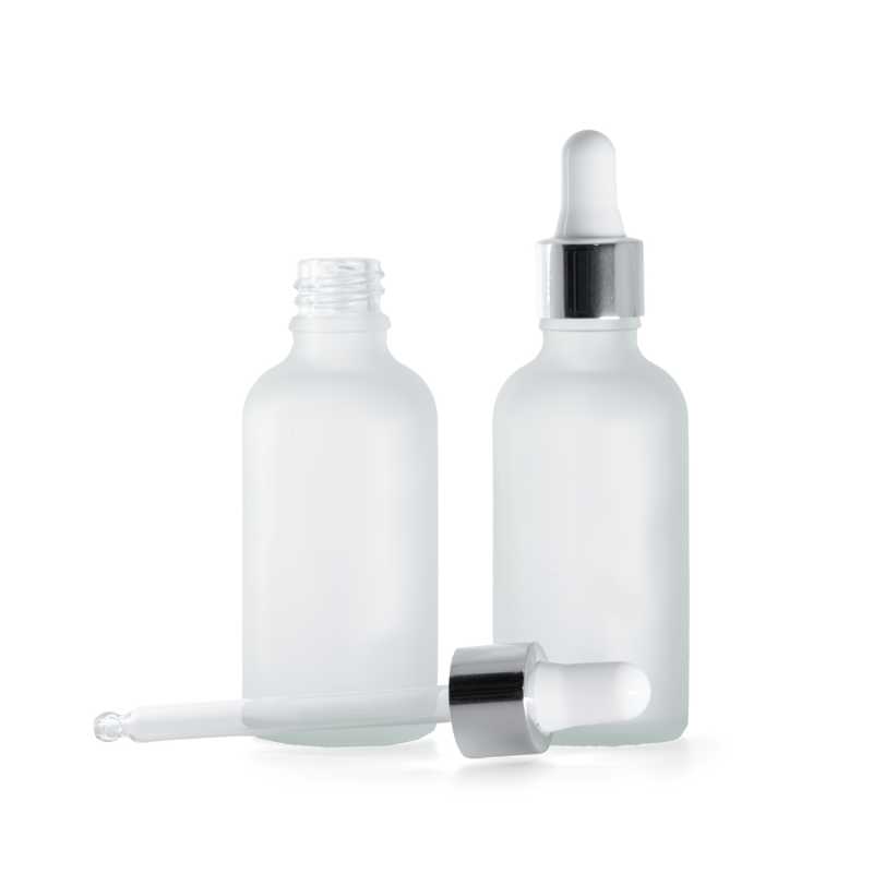 Clear Frosted Glass Bottle, Glossy Silver White Dropper, 50 ml