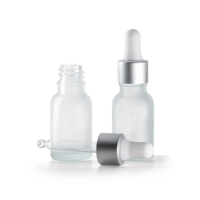 Clear Frosted Glass Bottle, Matte Silver White Dropper, 15 ml