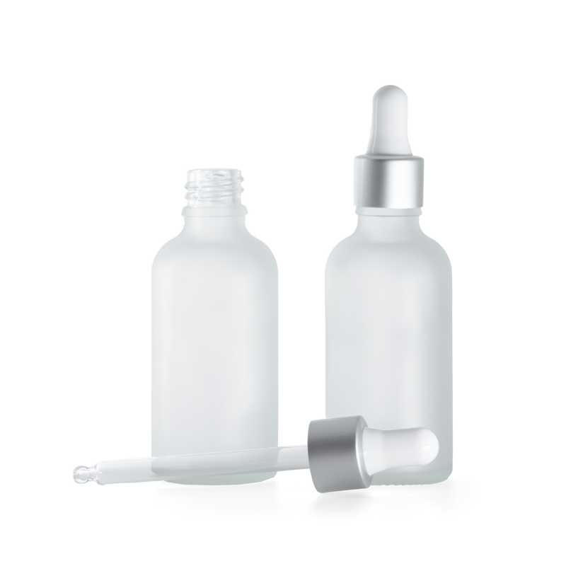 Clear Frosted Glass Bottle, Matte Silver White Dropper, 50 ml