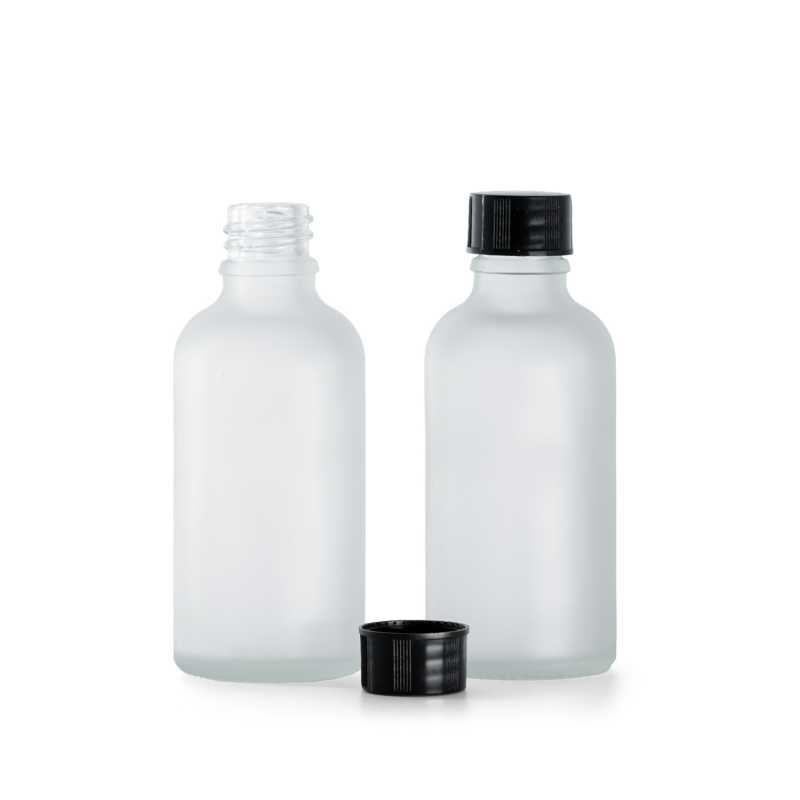 Clear Frosted Glass Bottle, Black Cap, 50 ml