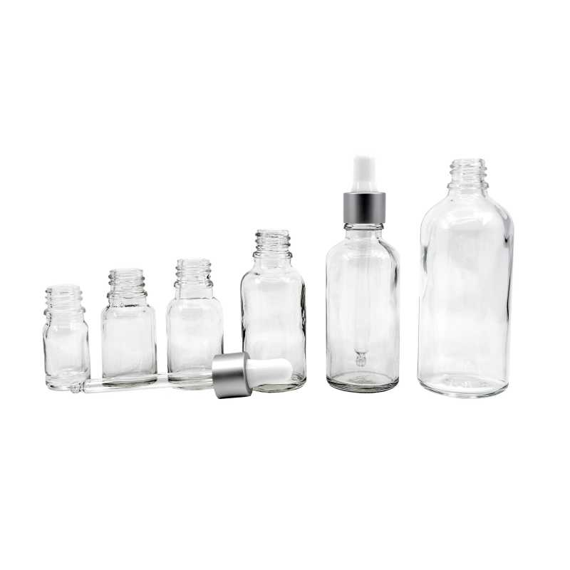 The glass bottle, the so-called vial, is made of thick transparent glass. It is used for storing liquids.Volume: 10 ml, total volume 15 mlHeight of bottle: 59,5