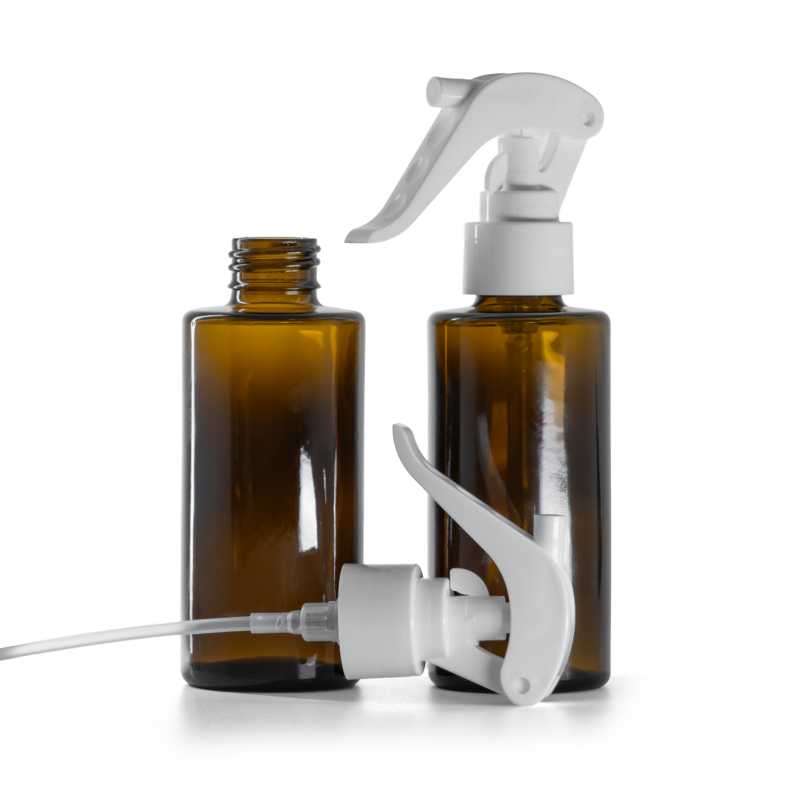 Amber Glass Bottle, Straight Top, 24 mm, White Trigger Spray, 100 ml