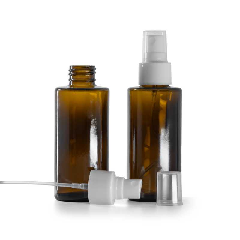 Amber Glass Bottle, Straight Top, 24 mm, White Fine Mist Spray, 100 ml