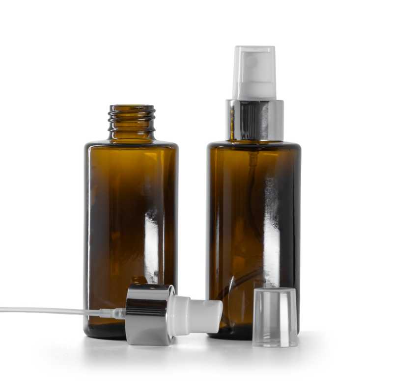 Amber Glass Bottle, Straight Top, 24 mm, White Spray With Glossy Silver Collar, 100 ml