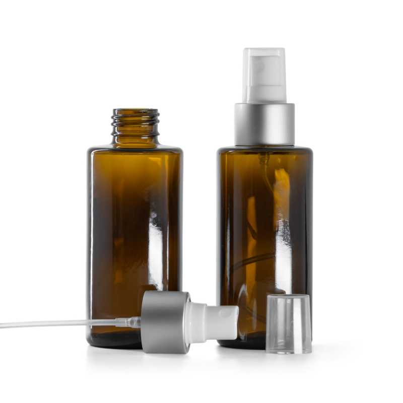 Amber Glass Bottle, Straight Top, 24 mm, White Spray with Matte Silver Collar, 100 ml