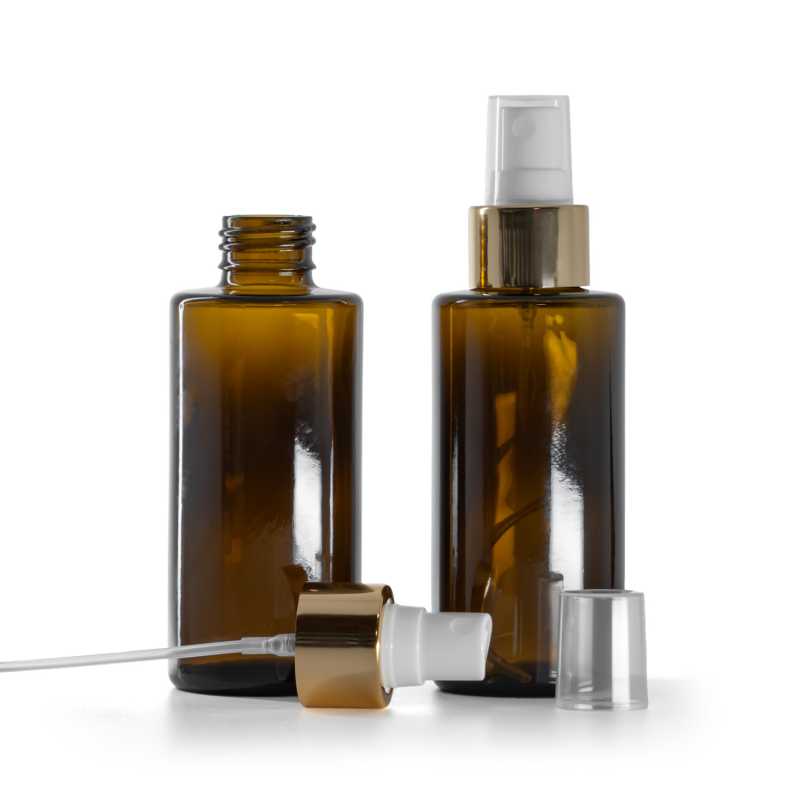 Amber Glass Bottle, Straight Top, 24 mm, White Spray With Glossy Gold Collar, 100 ml