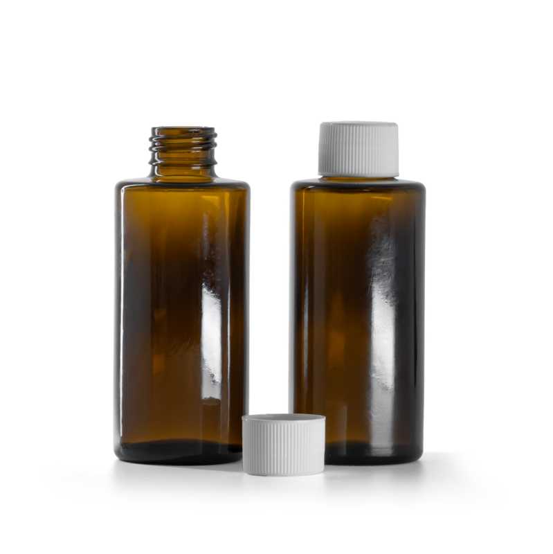 Amber Glass Bottle, Straight Top, 24 mm, White Cap, 100 ml