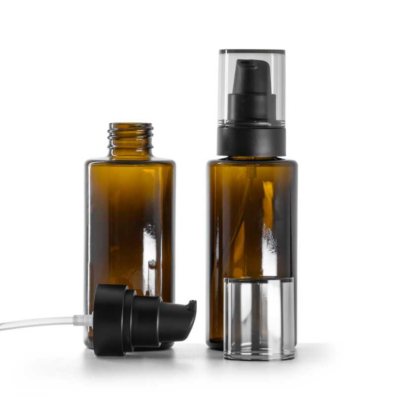 Amber Glass bottle, straight top, 24 mm, Black Pump With Smokey Overcap, 100 ml