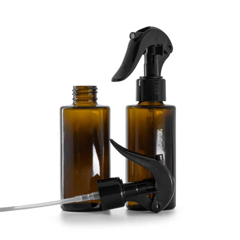 Amber Glass Bottle, Straight Top, 24 mm, Black Trigger Spray, 100 ml