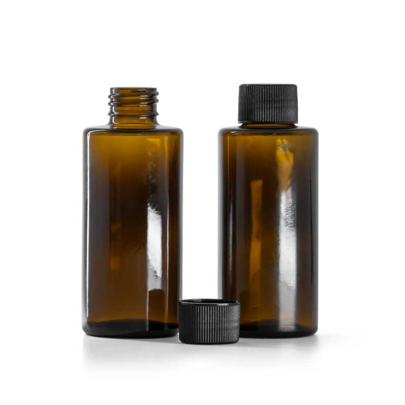 Amber Glass Bottle, Straight Top, 24 mm, Black Ribbed Cap, 100 ml