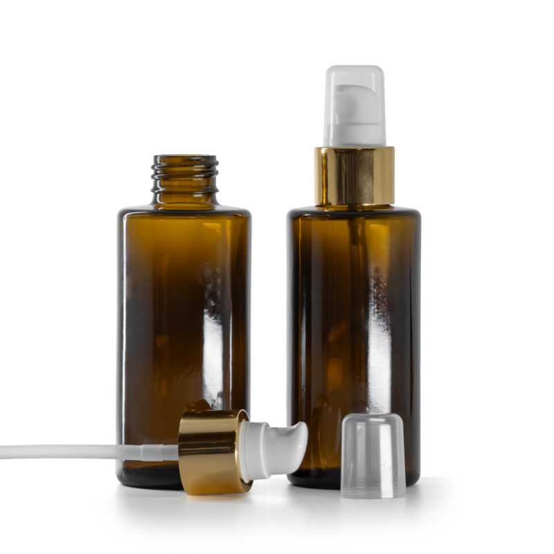 Amber Glass Bottle, Straight Top, 24 mm, White Lotion Pump With Overcap, Glossy Gold, 100 ml