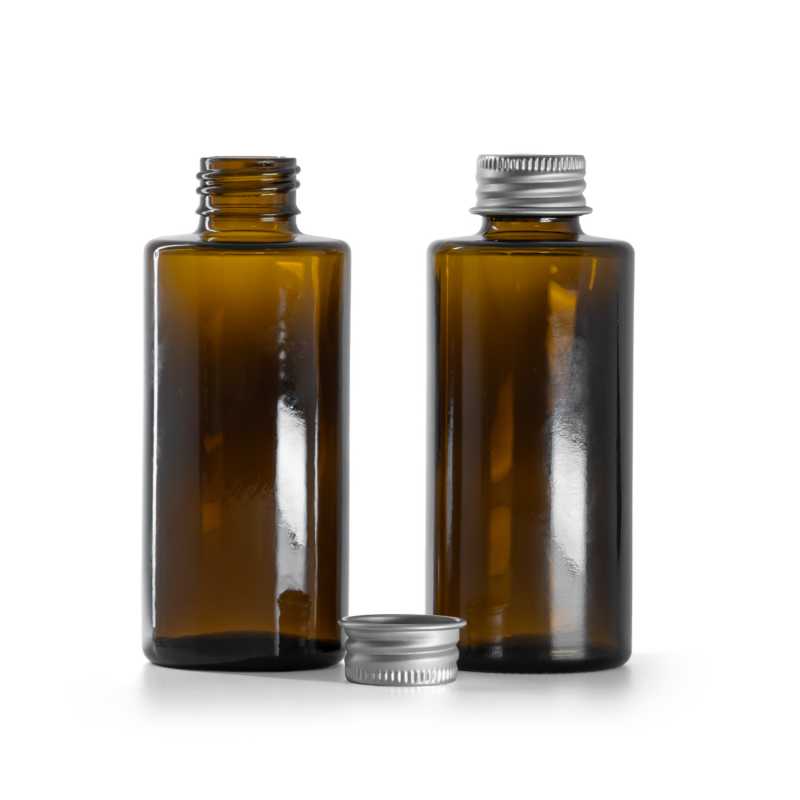 Amber Glass Bottle, Straight Top, 24 mm, Silver Aluminium Cap, 100 ml