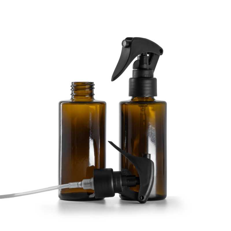 Amber Glass Bottle, Straight Top, 24 mm, Mini Trigger Spray, Matte Black, Smooth Collar, 100 ml