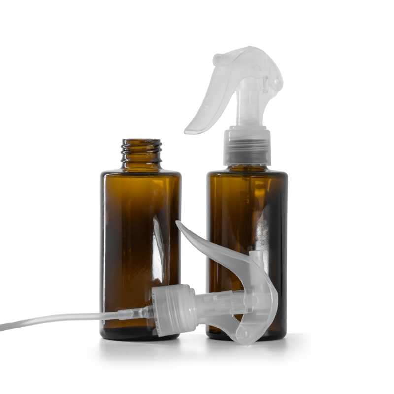 Amber Glass Bottle, Straight Top, 24 mm, Mini Trigger Spray, Transparent, 100 ml